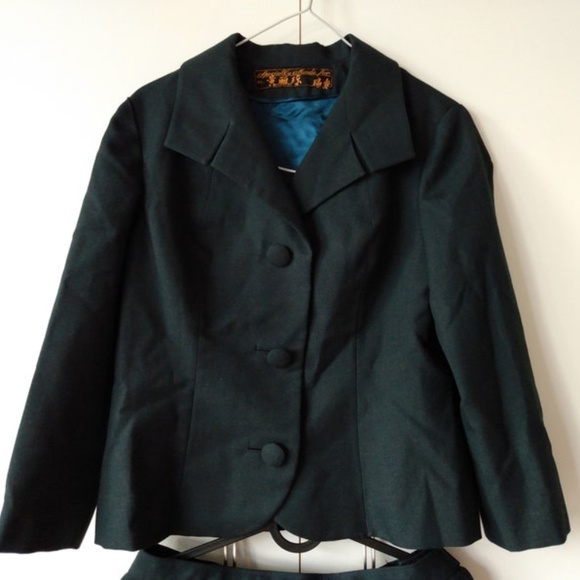 Vintage 50s 60s Suit MCM Jacket Skirt Tailored Dark Green Split Collar 35B 28W - Picture 7 of 13